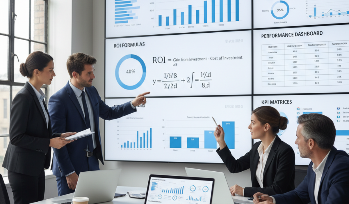 corporate analytics environment showing a business team evaluating AI agent ROI frameworks